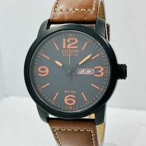 Citizen Men's Eco-Drive Black/Orange Steel Leather Band WR100 Watch BM8475-26E 海外 即決