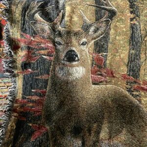 Deer Buck Woods Fringed Tapestry Throw Blanket 43” X 50” Plus Fringe Rustic 海外 即決