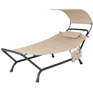 Patio Hanging Chaise Lounge Chair with Canopy Cushion Pillow and Storage Bag-Bei 海外 即決