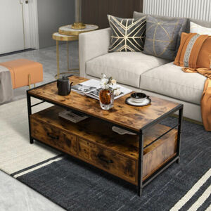 Durable Coffee Table with 2 Drawers and Open Shelf for Living Room-Rustic Brown 海外 即決