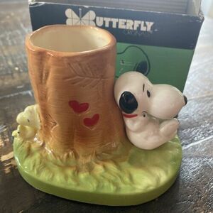 Snoopy & Woodstock Butterfly 1972 Schulz Syndicate Box tree stump Pencil Holder 海外 即決