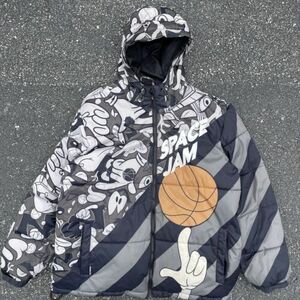 Members Only Mens Puffer Jacket AOP Looney Tunes Bugs Bunny Space Jam Size XL 海外 即決