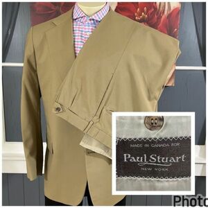 Paul Stuart Suit Mens 44R Cuffed Pleated Pants 34x29 Slim Fit Khaki Blazer Wool 海外 即決