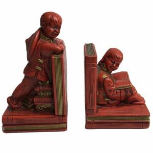 Vintage Asian Oriental Bookends Red Gold Boy Girl Pagoda Lego Japan Library Book 海外 即決