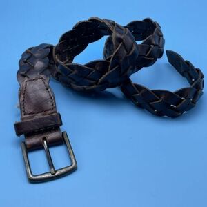 GAP Dark Brown Braided Leather Belt Mens Size 34 Square Bronzed Buckle 1 3/8” 海外 即決