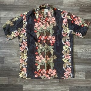 Vintage Hilo Hattie Button Down Shirt Men’s Small Beach Camp Black Floral Rayon 海外 即決