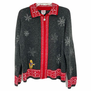 Disney Store L Gray Red Winnie Pooh Sweater Full Zip Snowflake Poohs Snow Days 海外 即決