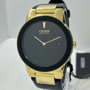 Citizen Men’s Eco-Drive Axiom Gold Steel Black Dial Leather Watch AU1062-05E 海外 即決