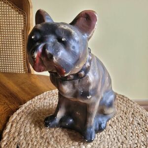Vintage Chalkware French Bulldog Statue Figure Rhinestone Eyes Large 10.5" 海外 即決