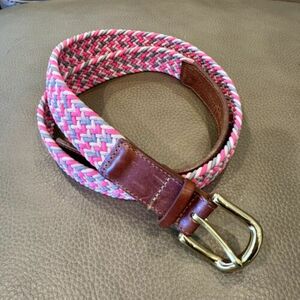 J. Crew Pink Gray Woven Belt Leather Tabs Gold Tone Brass Buckle M Unisex Boho 海外 即決