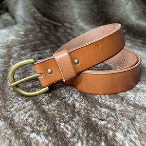 Belt Mens XL Brown Leather Gold Round Buckle 海外 即決