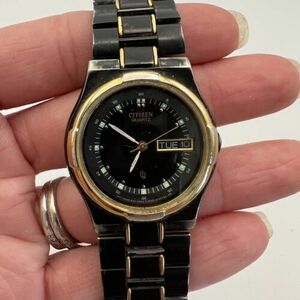 Vintage Citizen CQ Watch Men Day Date Black Band Not Working For Parts/repair 海外 即決