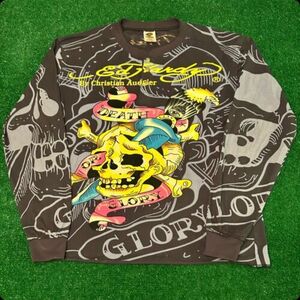 Vintage Ed Hardy Skull Death Glory AOP Tattoo Long Sleeve VTG Y2K Shirt Mens XXL 海外 即決
