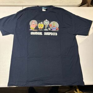 Vintage 2002 Navy Blue Spongebob Squarepants Unusual Suspects Cartoon Shirt 海外 即決