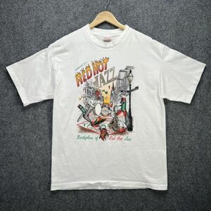 Vintage Tabasco Shirt Mens XL White 90s Hot Jazz New Orleans Cartoon Music Flame 海外 即決