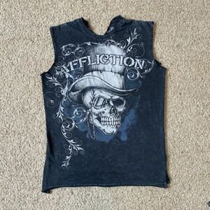 Vintage Y2K Affliction Cut Off Tank Top Tee Shirt Skull Cyber Gothic Medium 2000 海外 即決