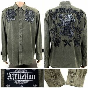 Affliction Vtg Embroidered Button Up Long Sleeve Shirt Men's Size XL 100% Cotton 海外 即決