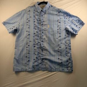 Columbia Mens PFG Shirt L Blue Button Up Fishing Short Sleeve Marlin Tuna Fish 海外 即決