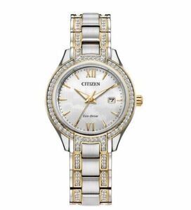 CITIZEN $475 WOMENS ECO-DRIVE SILHOUETTE CRYSTAL MOP TWO-TONE WATCH FE1234-50D 海外 即決