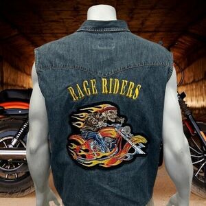 Wrangler Blue Denim Embroidered Back Patch "Rage Riders" Biker Motorcycle Vest L 海外 即決