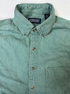 Vintage 90s Lands End Denim Shirt Mens M Green Long Sleeve Button Down Outdoors 海外 即決