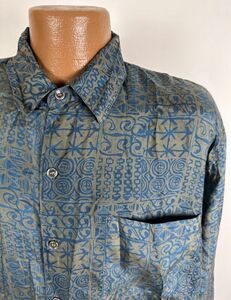 Vintage 90s Robert Stock Silk Shirt Men Large Geometric Tribal Blue Long Sleeve 海外 即決