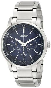 CITIZEN MENS $375 ECO-DRIVE SILVER WATCH, BLUE DIAL, DAY/DATE/24 HOUR BU2010-57L 海外 即決