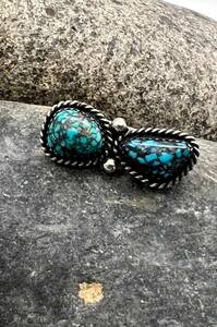 Vintage Navajo Handmade Sterling Silver Natural Morenci Turquoise Pin Brooch 海外 即決