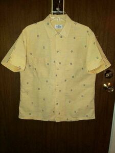 VTG 50s VAN HEUSEN SHIRT STARBURST PRINT ROCKABILLY MENS M YELLOW SHORT SLEEVE 海外 即決