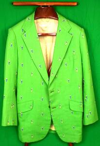 Chipp Lime Green Linen Golfer Embroidered c1977 Sport Jacket Sz 40L 海外 即決