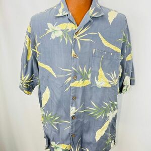 Vintage Autumn Mountain Hawaiian Aloha L Silk Shirt Floral Leaves Coconut Button 海外 即決