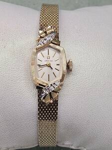 AUTHENTIC 14K YELLOW GOLD OMEGA LADY DIAMOND WATCH 17 JEWELS MECHANICAL SWISS 海外 即決