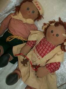 Vintage Primitive Folk Art Raggedy Ann Andy Sage Nutmeg Spice Cloth Rag Dolls 海外 即決