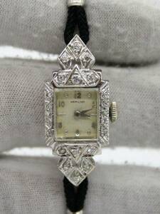 HAMILTON 14K WHITE GOLD ESTATE VINTAGE WATCH WITH DIAMONDS BLACK CORD BRACELET 海外 即決