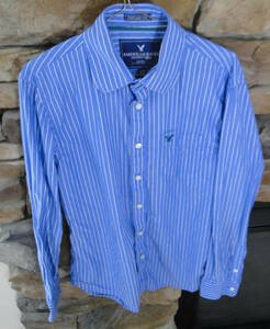 American Eagle Men’s Vintage Fit Button Up Shirt Large Striped 100% Cotton Blue/ 海外 即決