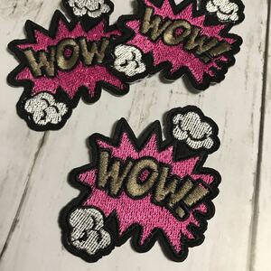 【ワッペン1枚】ピンク「WOW!」☆英文吹き出し★アイロンワッペン☆入園入学新学期準備にアップリケ