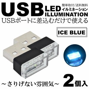 アイスブルー 車用 車内 USB LED イルミネーション フットランプ コンソール カバー 車内照明 ライト ポート 2個