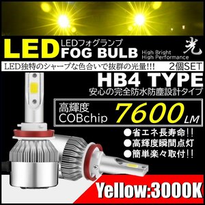 爆光 LEDフォグランプ 7600lm HB4 イエローフォグ 3000k COB DC12V 霧/雨/雪 フォグバルブ