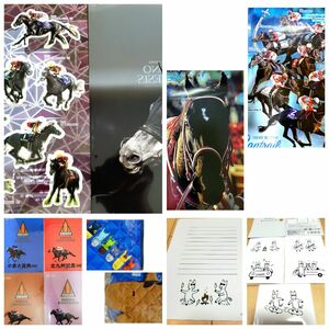 【新品】◆競馬グッズおまとめセット☆名馬のクリアファイル☆JRAHOLIDAYS!チャンスA賞鍋敷き&鍋つかみ☆おウマのステッカー