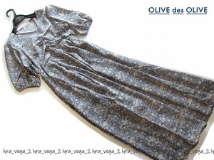 ●新品OLIVE des OLIVE 更紗柄シャーリングVネックワンピース/BL/オリーブデオリーブ●