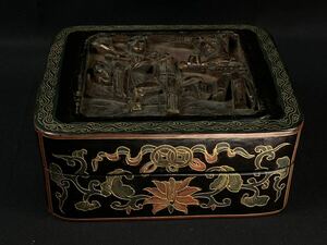 [ luck warehouse ] China fine art case cover thing lacquer ware .. hour . sculpture person Akira era antique old . old fine art genuine article hour substitute article width 17cm