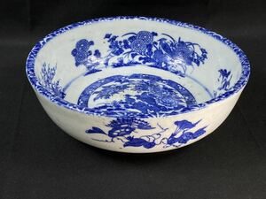 [ luck warehouse ] Meiji period old Imari large bowl blue and white ceramics konnyaku seal four season flower . small bird map antique era guarantee diameter 20cm