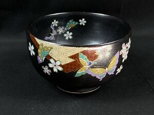 【福蔵】京焼 茶碗 色絵 花と蝶々図 在銘 瑞陶 茶道具 抹茶碗 径13cm