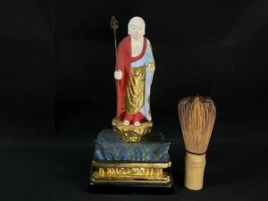 【福蔵】仏像 木彫 置物 立像 彩色 仏教美術 仏具 骨董品 高さ20cm