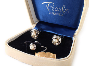 E17745 unused pearl book@ pearl cuffs button necktie tweezers tie tack silver × white made in Japan PEARLS GRANDE-A