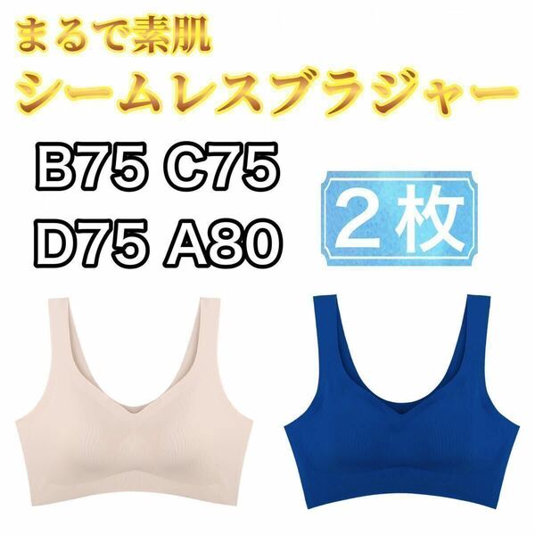 2枚 ノンワイヤー シームレス ブラジャー 肌色 ベージュ ブルー 青 XL LL ナイトブラ シームレスブラ スポーツブラ B75 C75 D75 A80 パッド