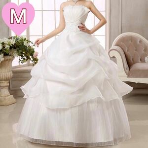 ウェディングドレス Aライン ホワイト 白 Mサイズ ロングドレス 編み上げ ブライダル 花嫁 プリンセスドレス 披露宴