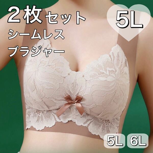 2枚セット ノンワイヤー シームレス ブラジャー C85 D85 C90 D90 ブラウン　茶色 レース 大きいサイズ 5L 4XL ナイトブラ 夜用ブラ