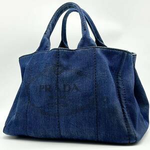 * высококлассный *PRADA Prada ручная сумочка большая сумка сумка портфель kana paM Logo Jaguar do треугольник Logo Gold металлические принадлежности Denim синий индиго голубой 