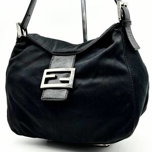 ●高級●FENDI フェンディ マンマバケット ハンドバッグ アクセサリーポーチ ワンショルダー FF金具 コットン レザー 肩掛け可 黒 ブラック